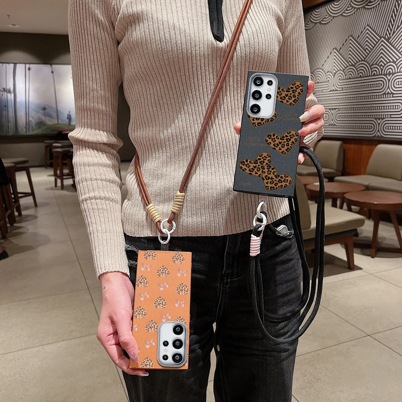 Crossbody الحبل الحال بالنسبة لسامسونج غالاكسي A16 A56 A36 A55 A15 A25 A26 A35 A54 A53 5G ليوبارد طباعة Bowknot القلب طباعة غطاء من البولي يوريثان #2
