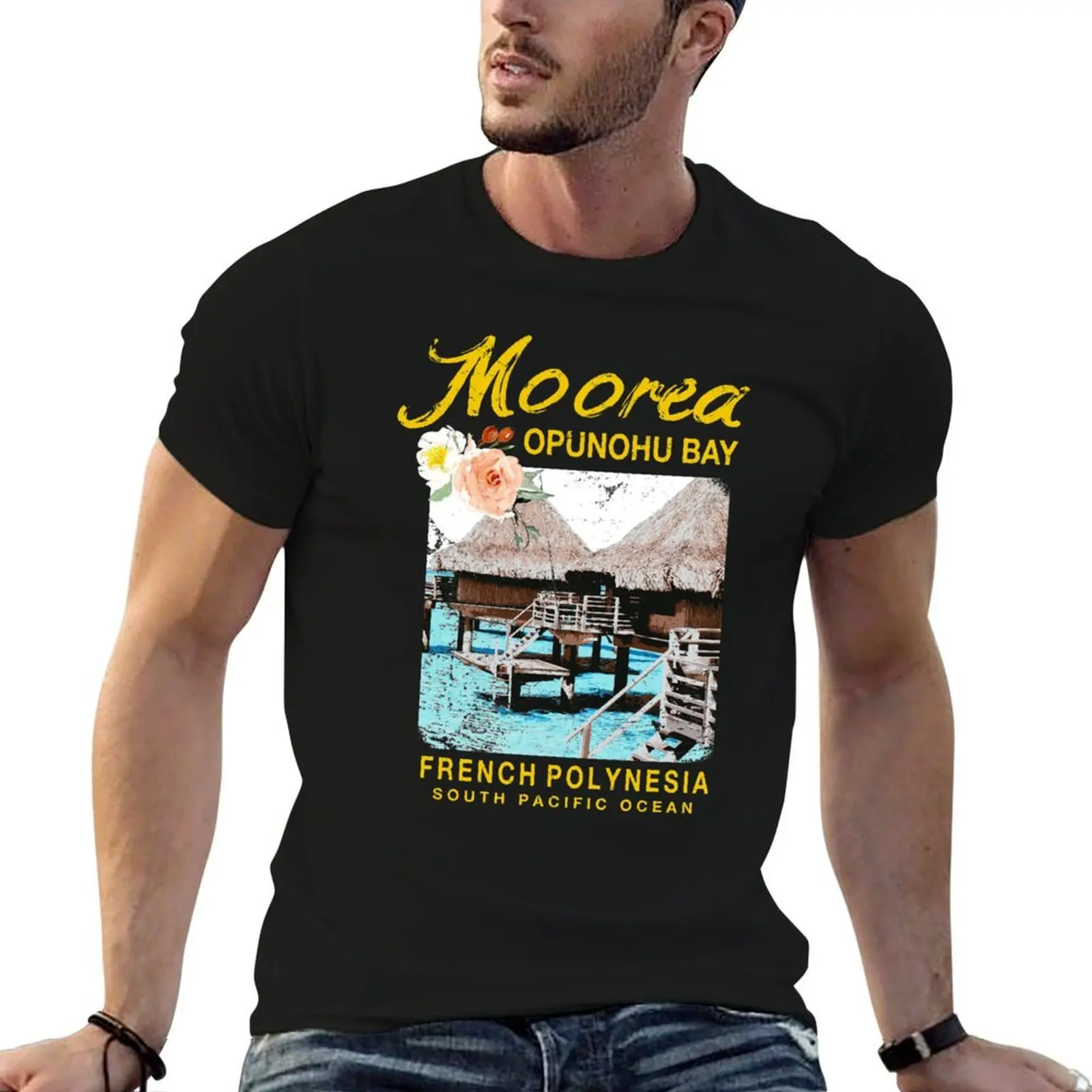 

Moorea Bungalow Resort Vintage French Polynesia T-Shirt t shirts for man cotton soft t shirt custom print T-Shirt