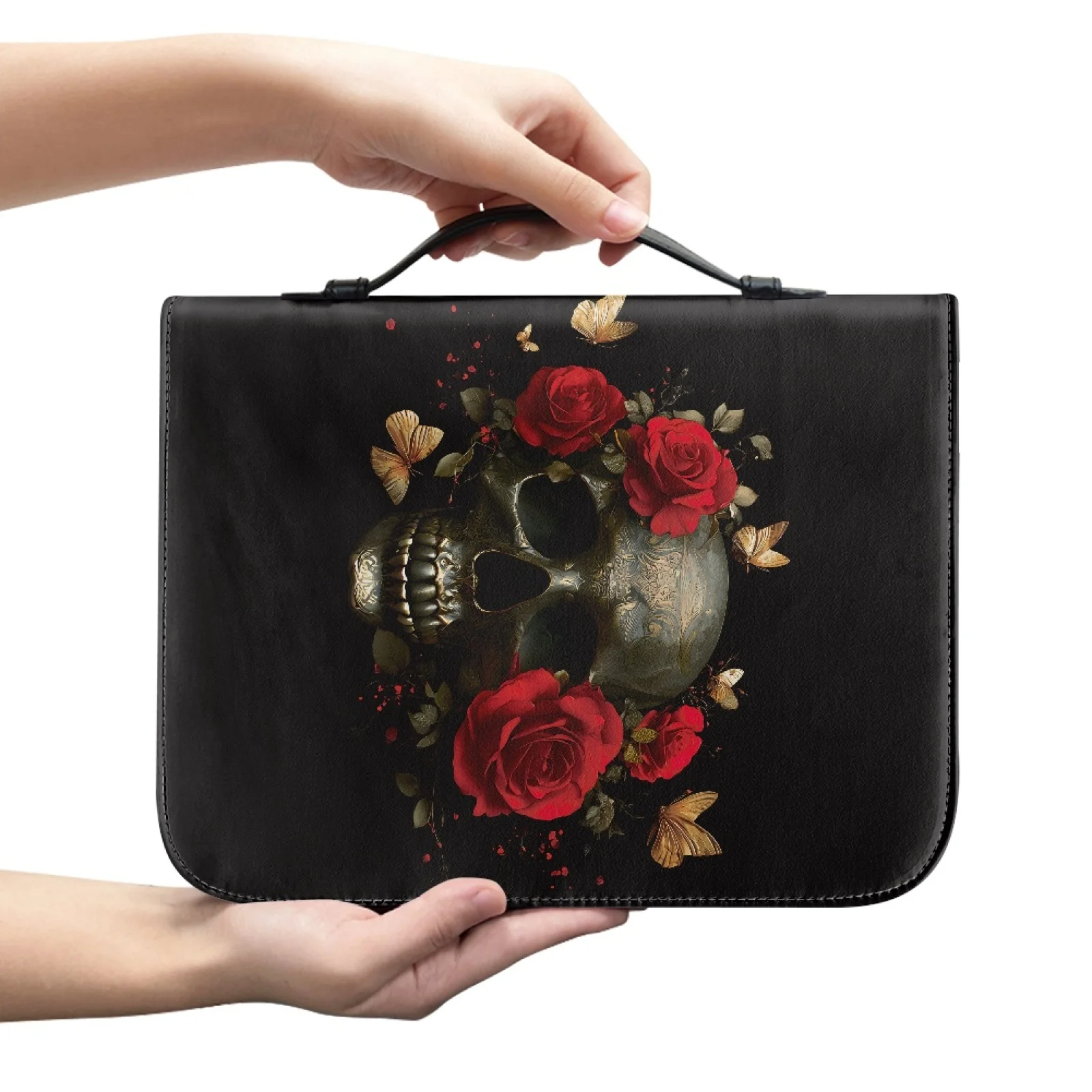 PENSTROLL Skull Rose Fashion 2026 Protective Bible Book Carrying Case for Men PU Leather Bible Hand Bag