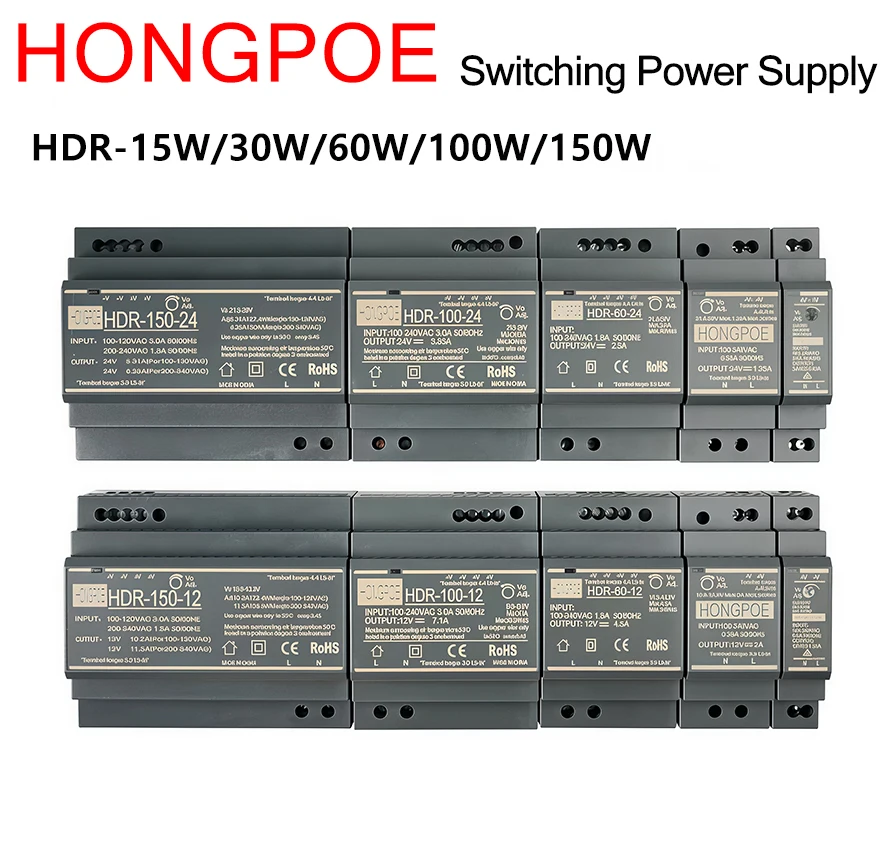 DIN-Schienen-Schaltnetzteil SMPS 100-240VAC HDR-15W 30W 60W 100W Spannung 12V 24V 48V Industrieller ultradünner SMPS-Transformator