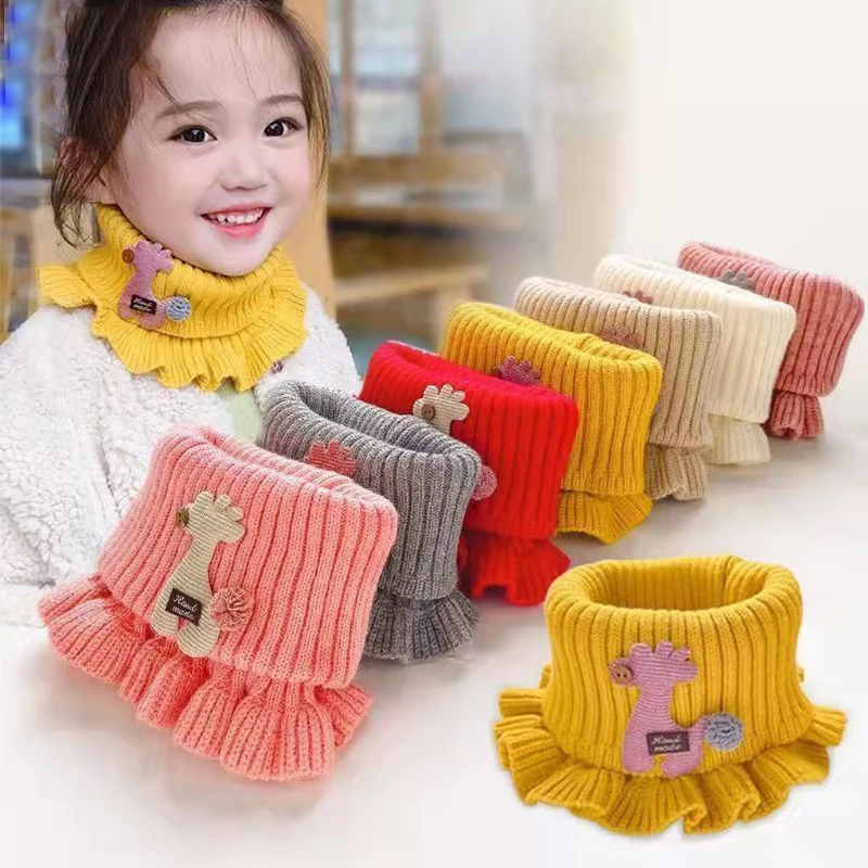 8 Colors Girls Neck Warmer Baby Knitted Scarf Cartoon Giraffe Ruffle Neck Kids Warm Scarves Collar Circle Outdoor Winter Snood