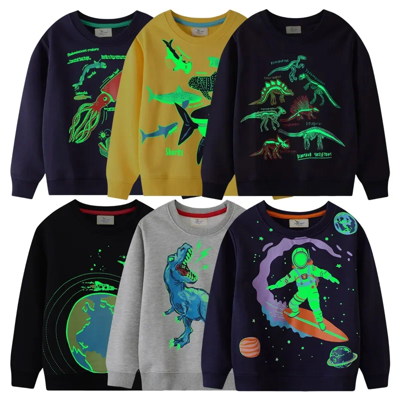 2025 Autumn New Fashion Children Hoodies Luminous Dinosaurs Shark Cartoon Long Sleeve Boys Sweatshirt Jumper Top Kids Clothes