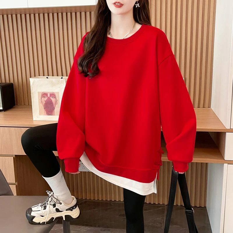 Women Autumn Winter Fashion Chinese Buckle Patchwork Color Sweatshirt Oversized Clothes Fake 2 Pieces Casual Loose Hoodies