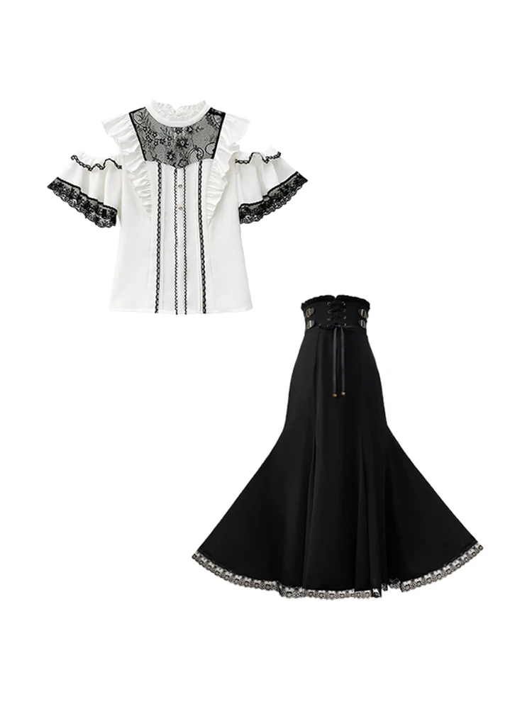 

Fashionable Slimming Two-Piece Set Women's Summer 2025 Short Sleeve Shirt Half-length Fish-tail Long Skirt Ensemble Polyester...