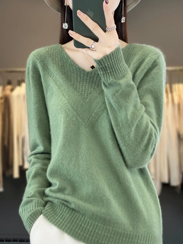 Long Sleeve Women Sweater Autumn Winter V-neck Pullover 100% Merino Wool Bottoming Basic Cashmere Knitwear Clothing Fashion Tops