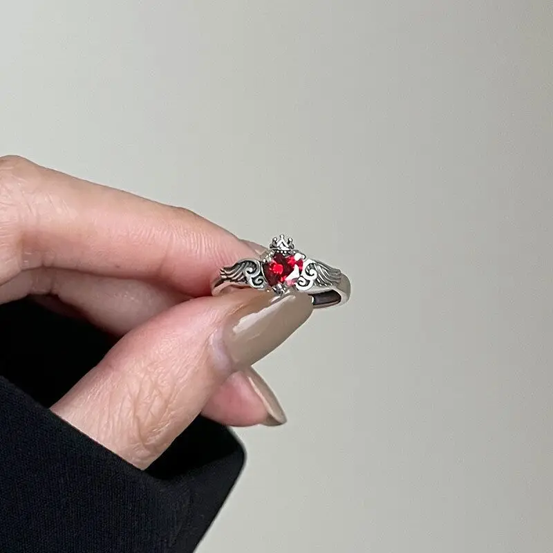 Vintage 925 Sterling Silver Wing Crystal Heart Finger Ring Open Silver Rings For Women Wedding Luxury Fine Jewelry Brand Gift