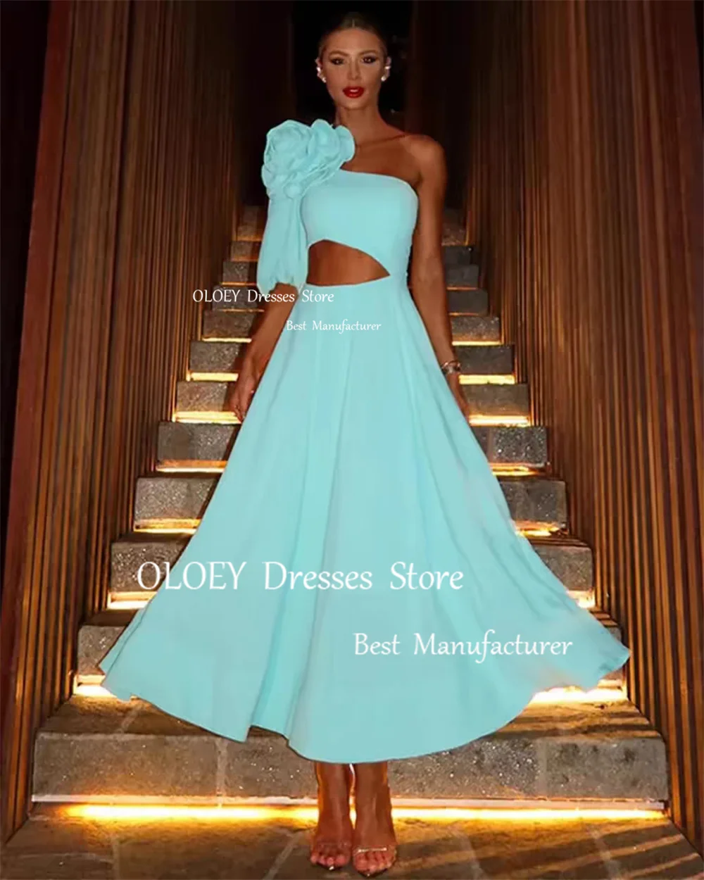 OLOEY-Robe de Soirée en Satin à Manches Trois Quarts, Modeste, Une Initiée, Ligne A, Plis, Fleur 3D, Longueur Rinçage, Fermeture Éclair, Mariage