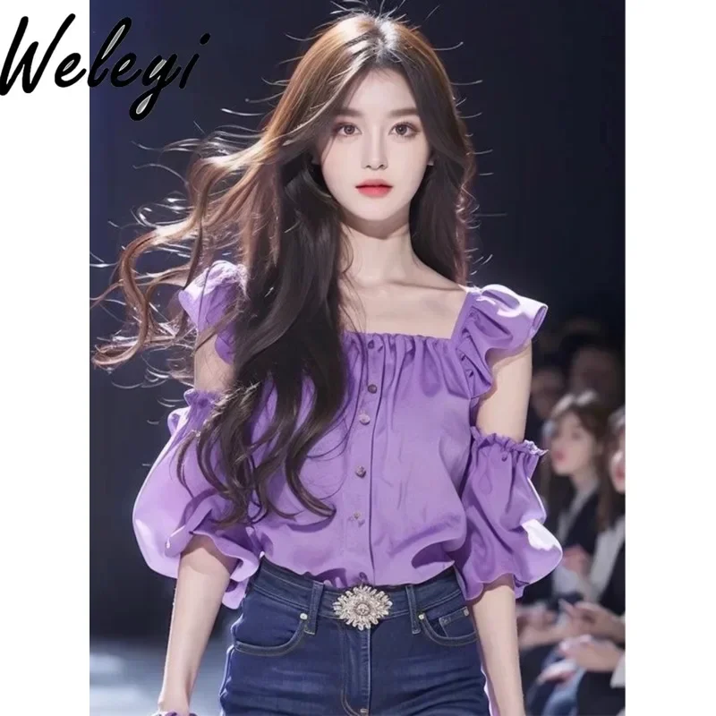 

Women's Korean Fashion Shirts Streetwea Summer New Tops Purple Off The Shoulder Ruffle Poleras Versatile Casual Camisas E Blusas