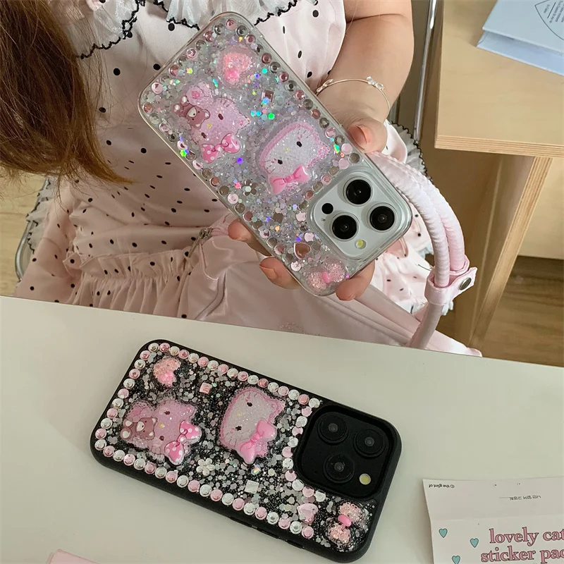 Luxury Cute Pink Bling Glitter Hello Kitty Heart Love Bow Phone Case For iPhone 15 14 13 12 Pro Max Y2k Cartoon KT lovely Cases