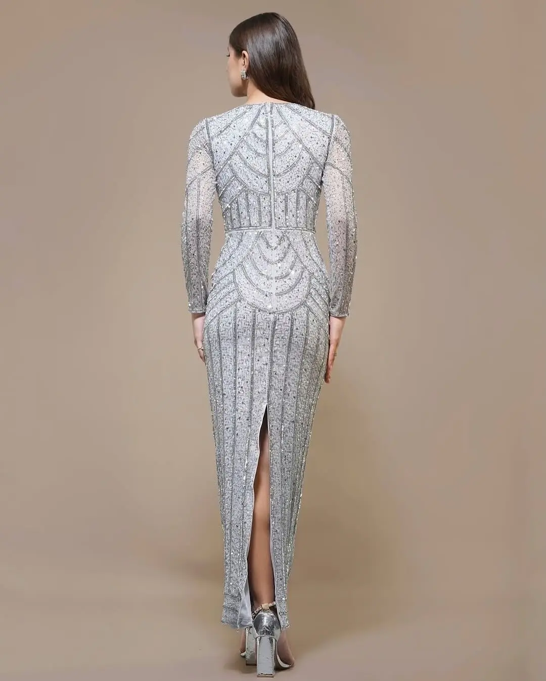 2025 выполненное на заказ изысканное кружевное платье для выпускного вечера с длинными рукавами и круглым вырезом, модное вечернее платье с разрезом сзади и молнией сзади, расшитое кристаллами и блестками