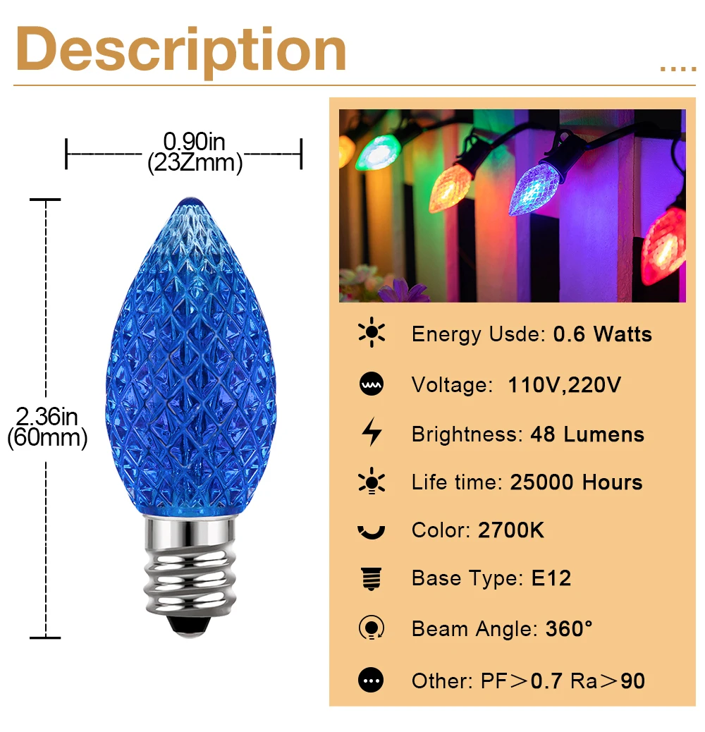 Multicolor C7 LED Light Bulbs 0.6W E12 Garden Decoration Night Lights Vintage Candle Lamps for C7 Outdoor String Lights