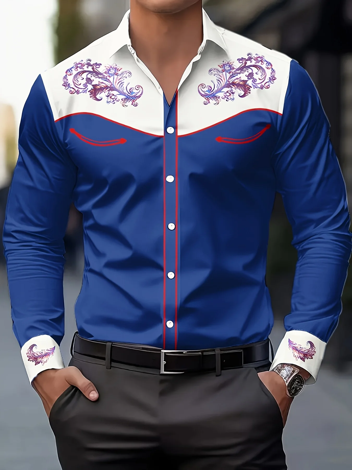 

Western Cowboy Flower Printed Long Sleeve Shirt for Spring and Summer Comfortable Soft Fabric Party Men's Collar Shirt