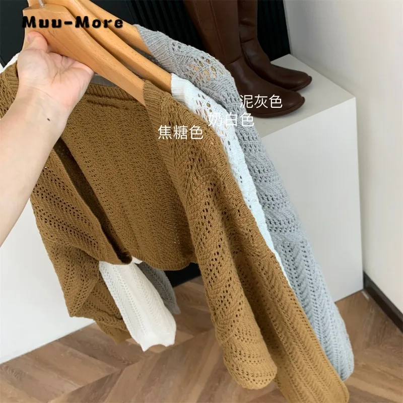 2023 Autumn Winter Korean Style Solid Color Hollow Out Hollow Out Cropped Knitted Cardigan for Women Loose Knitwear Coat