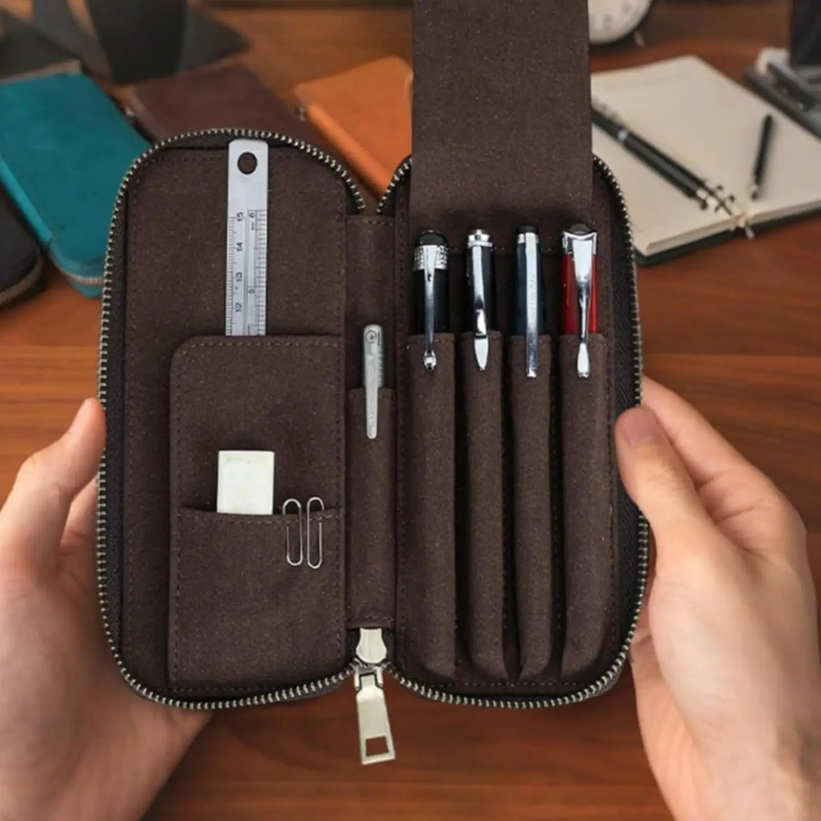 leather-pen-pouch-5-slot-portable-large-capacity-stationary-bag-multi-compartment-pencil-organizer-for-eraser-color-pen-home