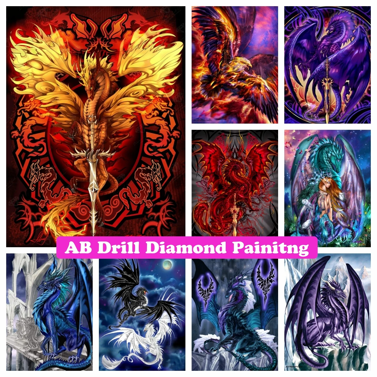 

Dragon and Phoenix 5D DIY AB Drills Diamond Painting Full Square Round Embroidery Fantasy Rhinestones Cross Stitch Home Decor