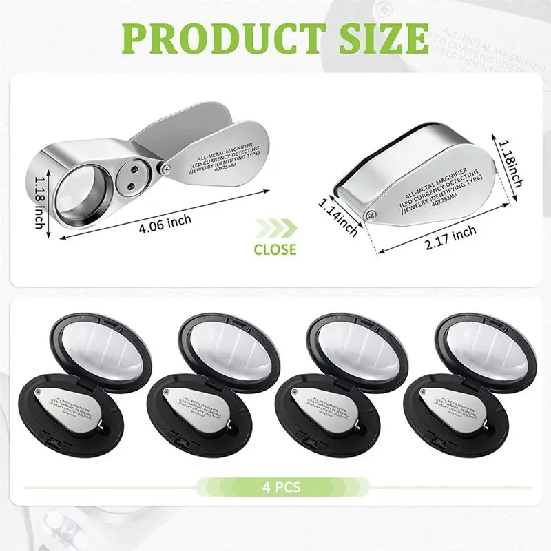 

A72U 4 шт. 40-кратные цельнометаллические увеличительные лупы с LED и УФ-подсветкой для проверки монет, камней, ювелирных изделий и коллекционирования