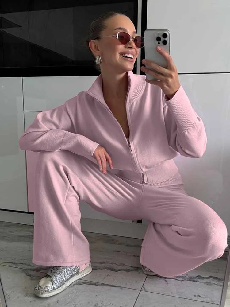 BKQU Autumn Winter Double Zipper Knitted Pants Set Women Casual Long Sleeve Pullover Sweater Wide Leg Trousers 2 Piece Tracksuit