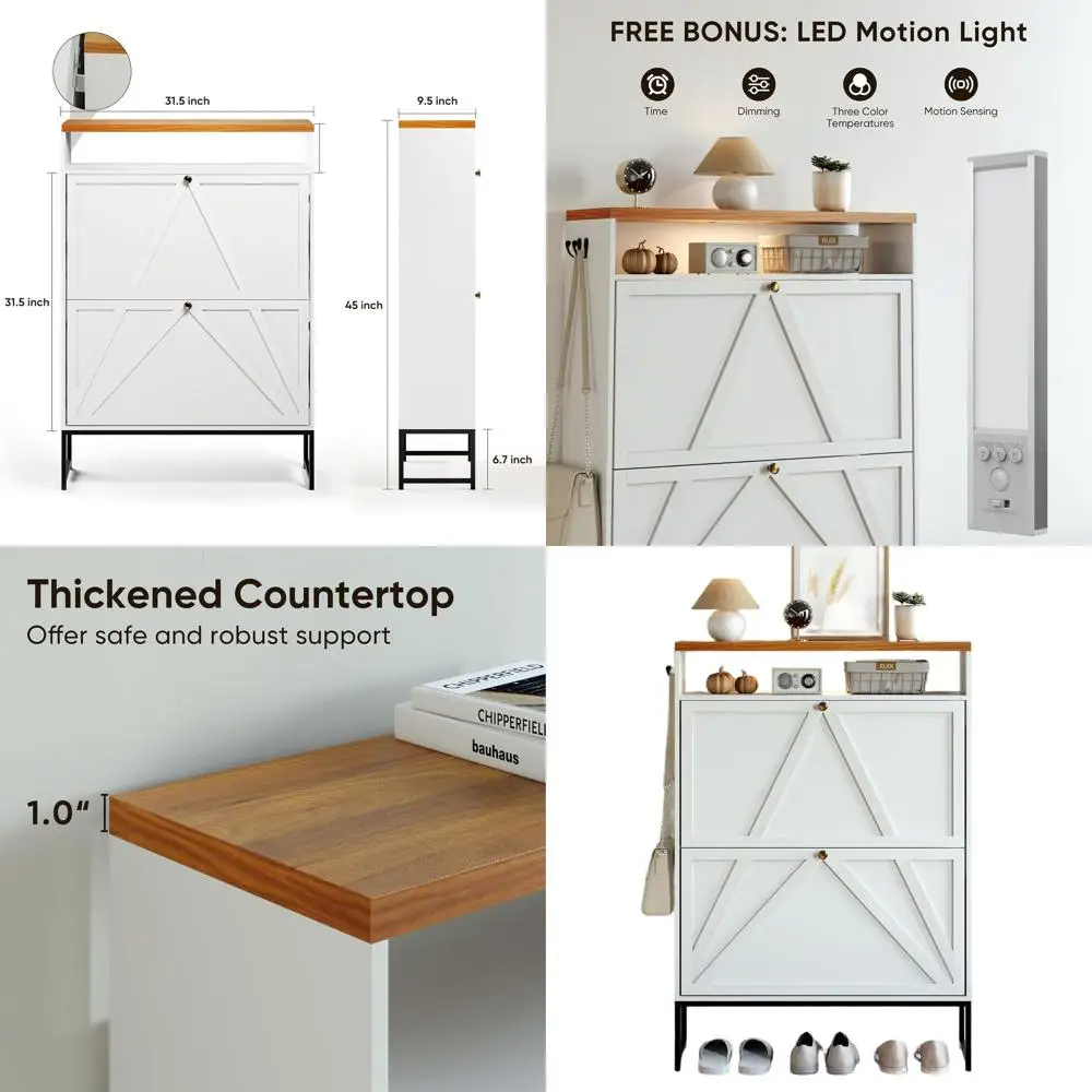 

Modern Freestanding Shoe Storage Cabinet with 2 Drawers, White, Motion Sensor Light for Hallway & Foyer