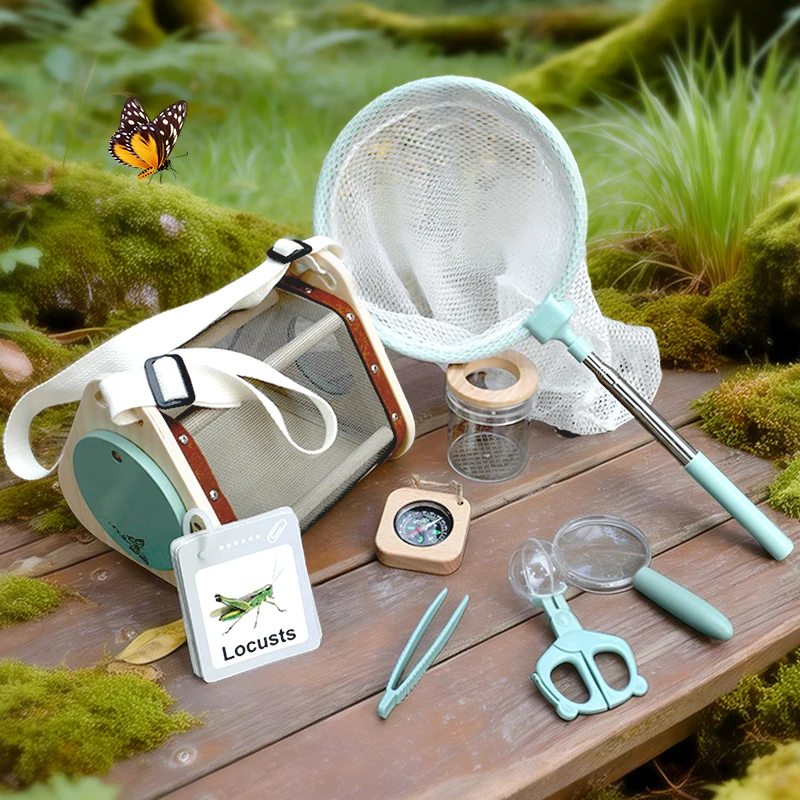 Bug Hunt Kit for Kids, Insect Catching Set with Butterfly Net, Bug Viewer Box, Magnifier and Educational Cards, Outdoor Science