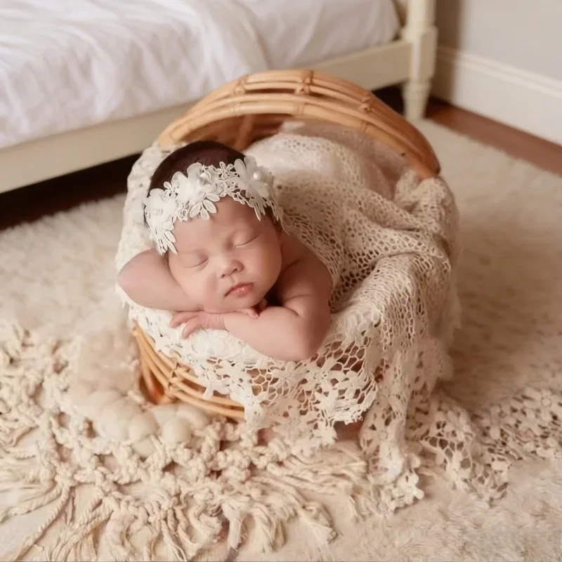 Studio Shooting Tools Handwoven Retro Rattan Basket Newborn Photo Posing Props Baby Growth Anniversary Commemorative Gift Items