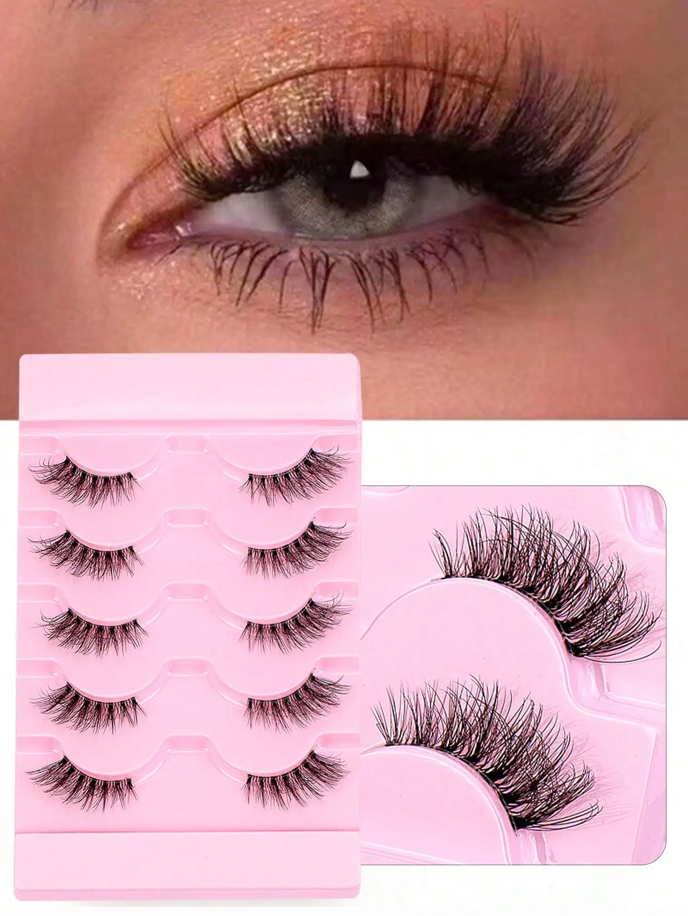 Half Eey Lashes 5 Pairs Faux Mink Lashes Cat Eye, Fluffy Wispy Transparent Stems Reusable False Eyelashes  Makeup Tools