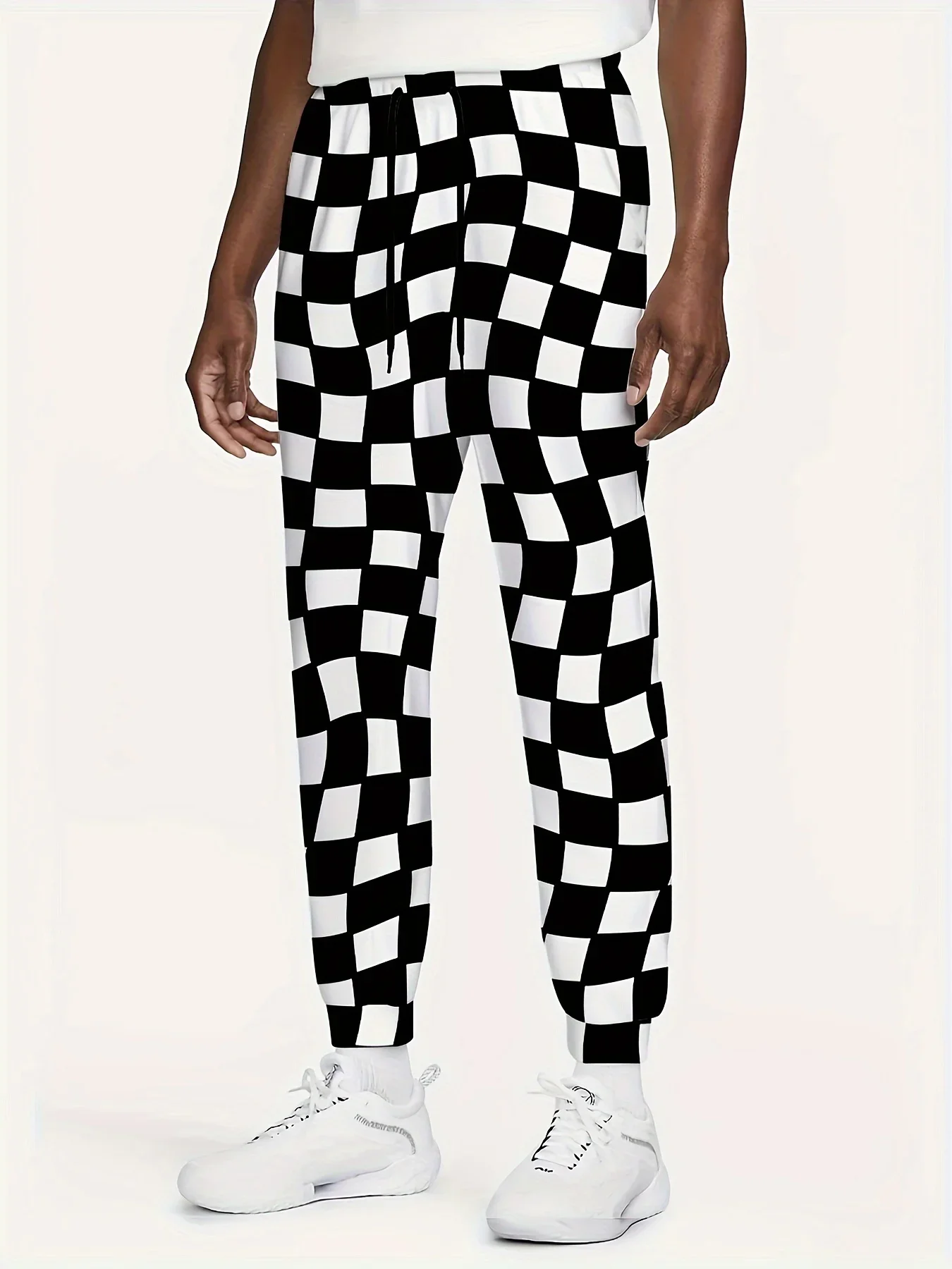 Drawstring Jogger Pants, Distorted Black White Checkerboard Print Trousers, Loose Fit Street Hip Hop Casual Bottoms