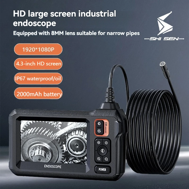 Industrial Endoscope Camera 4.3inch IPS Screen 8mm HD1080P IP67 Waterproof 8 LED Light Inspection Borescope for Pipe Car Repair