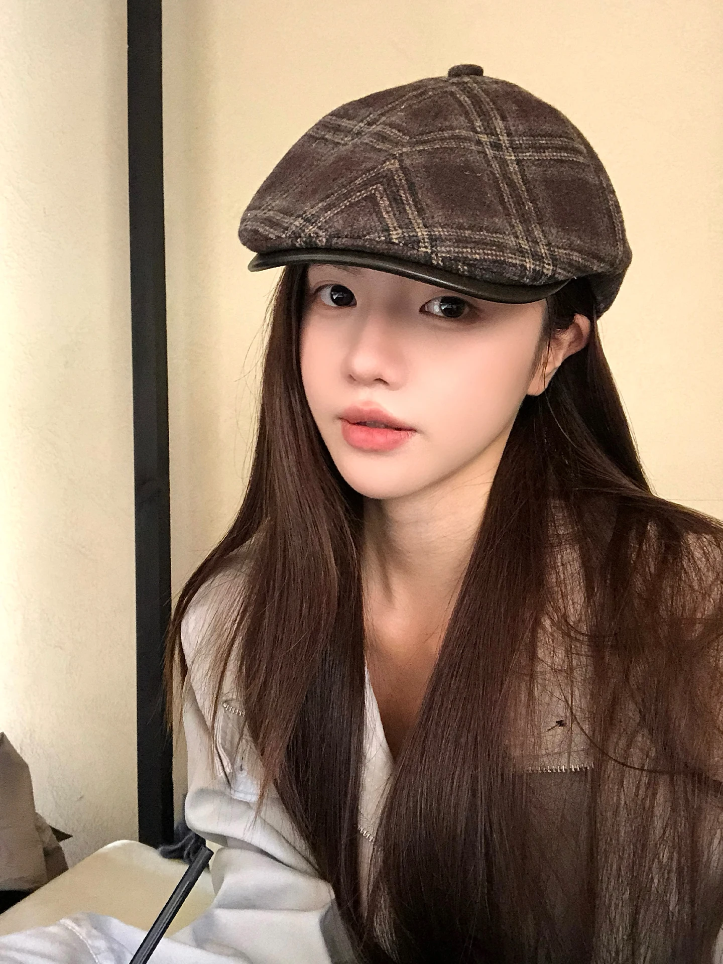 Retro British Style Checkered Woolen Forward Cap Women's Fashionable Versatile Face Slimming Newsboy Artist Hat Spring Autumn