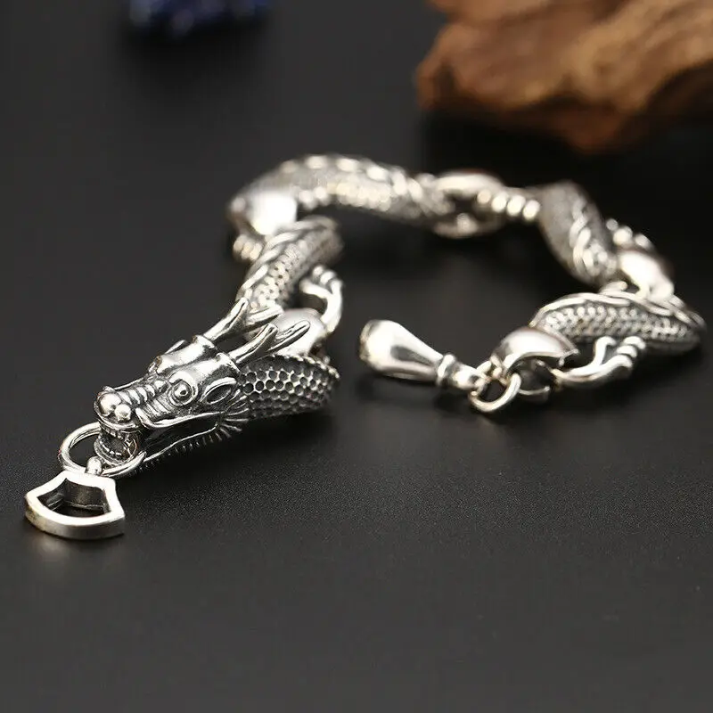

Real 925 Sterling Silver Unique Dragon Shape Link Bracelet 9.05inch Stamp S925