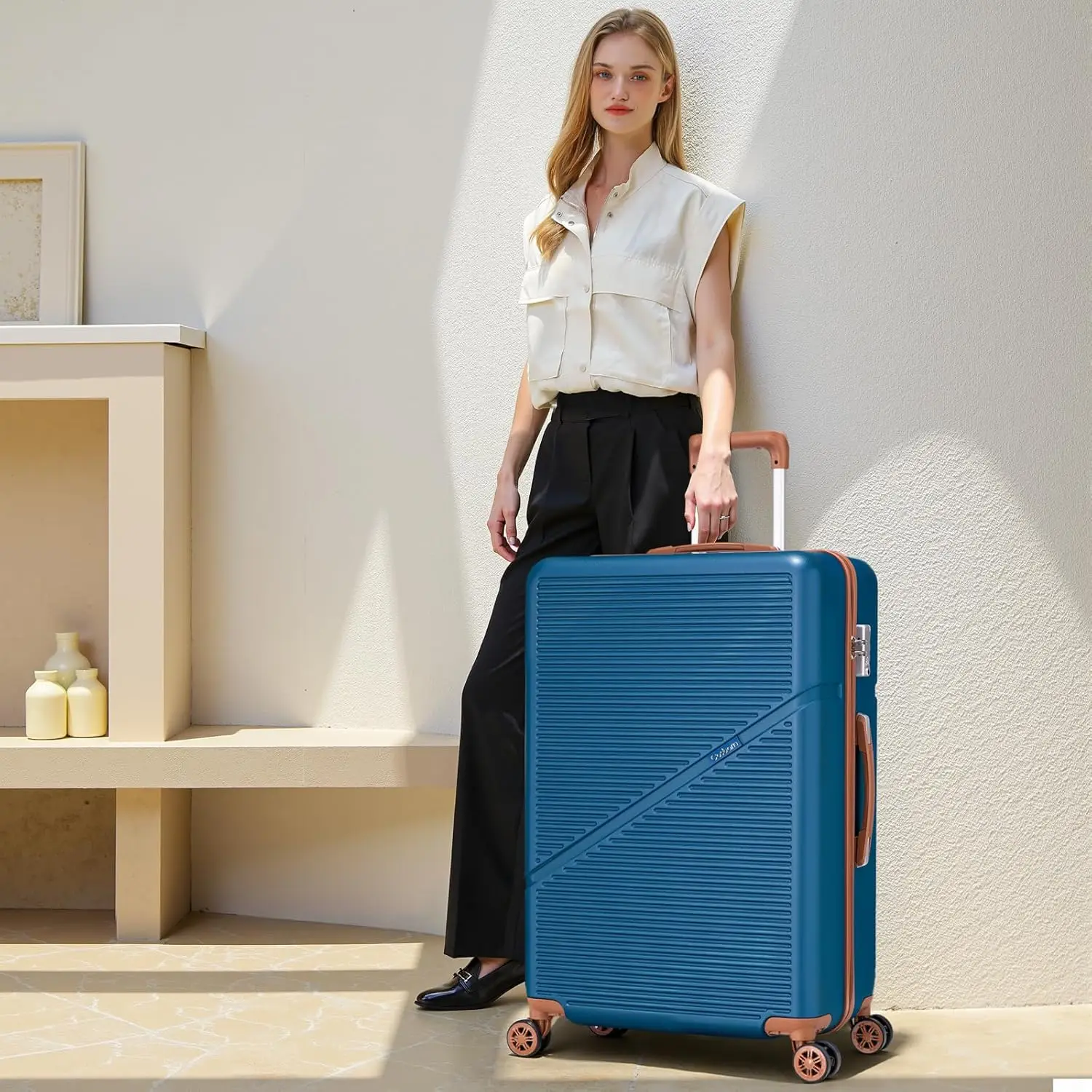 5피스 스피너 여행가방 세트, 하드쉘 ABS 소재, TSA 잠금장치 포함, 남녀공용 경량 방수 여행가방, 네이비