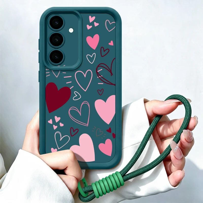 Wrist Lanyard Case For Samsung Galaxy S26 S24 S25 Ultra S23 S25 S26 FE A57 A17 A56 A16 A37 A55 A15 Love Hearts Pattern TPU Cover