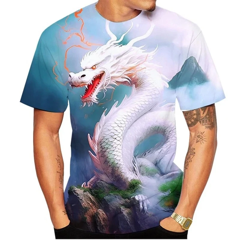 2024 New 3D Men\'s T Shirt Chinese Dragon Graphics Print Short Sleeve Tees Summer Casual O-neck Oversized Street Men Clothing Top