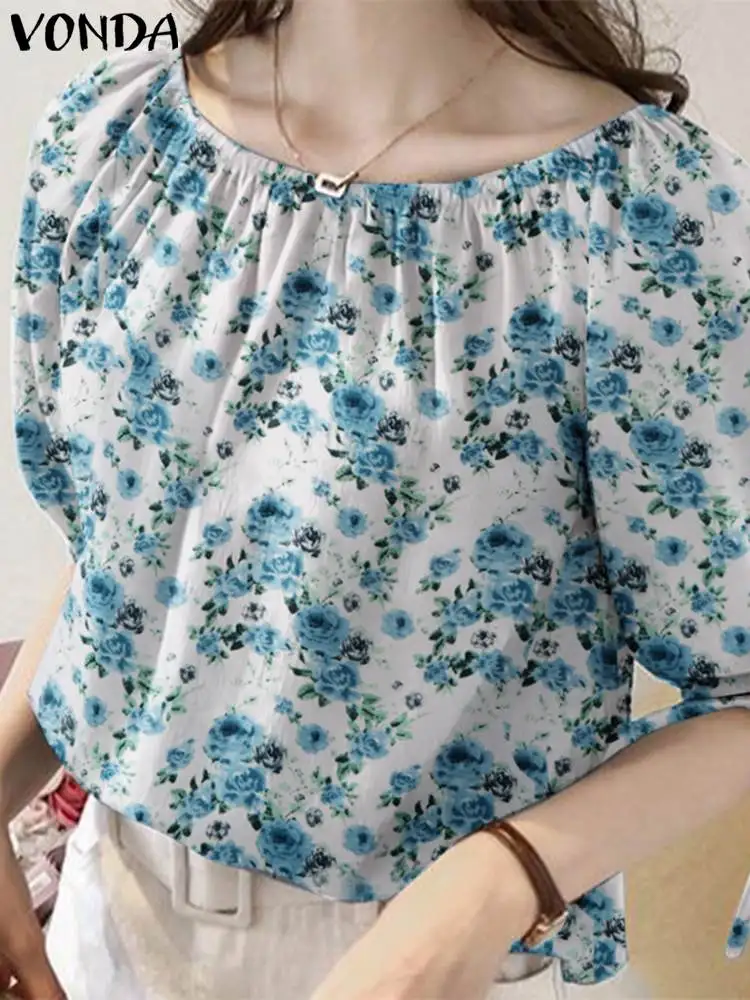 

Fashion Tops Women Elegant Floral Printed Blouse 2024 Summer Bohemian Half Puff Sleeve Sexy O Neck Shirts Casual Loose Blusas