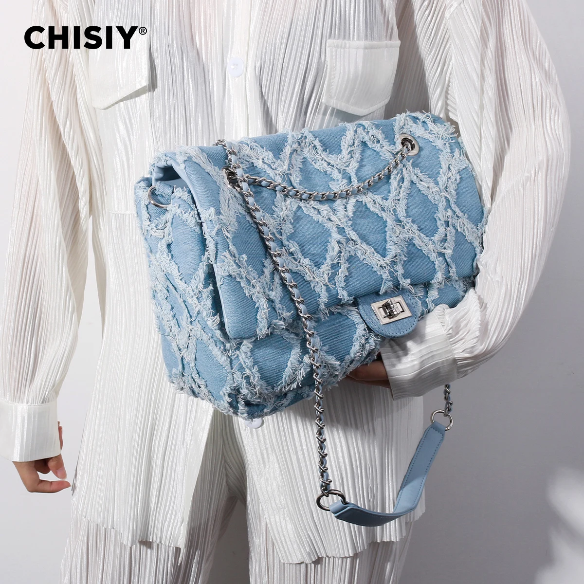 CHISIY Original Handmade Runaway Series Lingge Chain Large Capacity Commuter Shopping Shoulder Bag Valentine\'s Day Gift