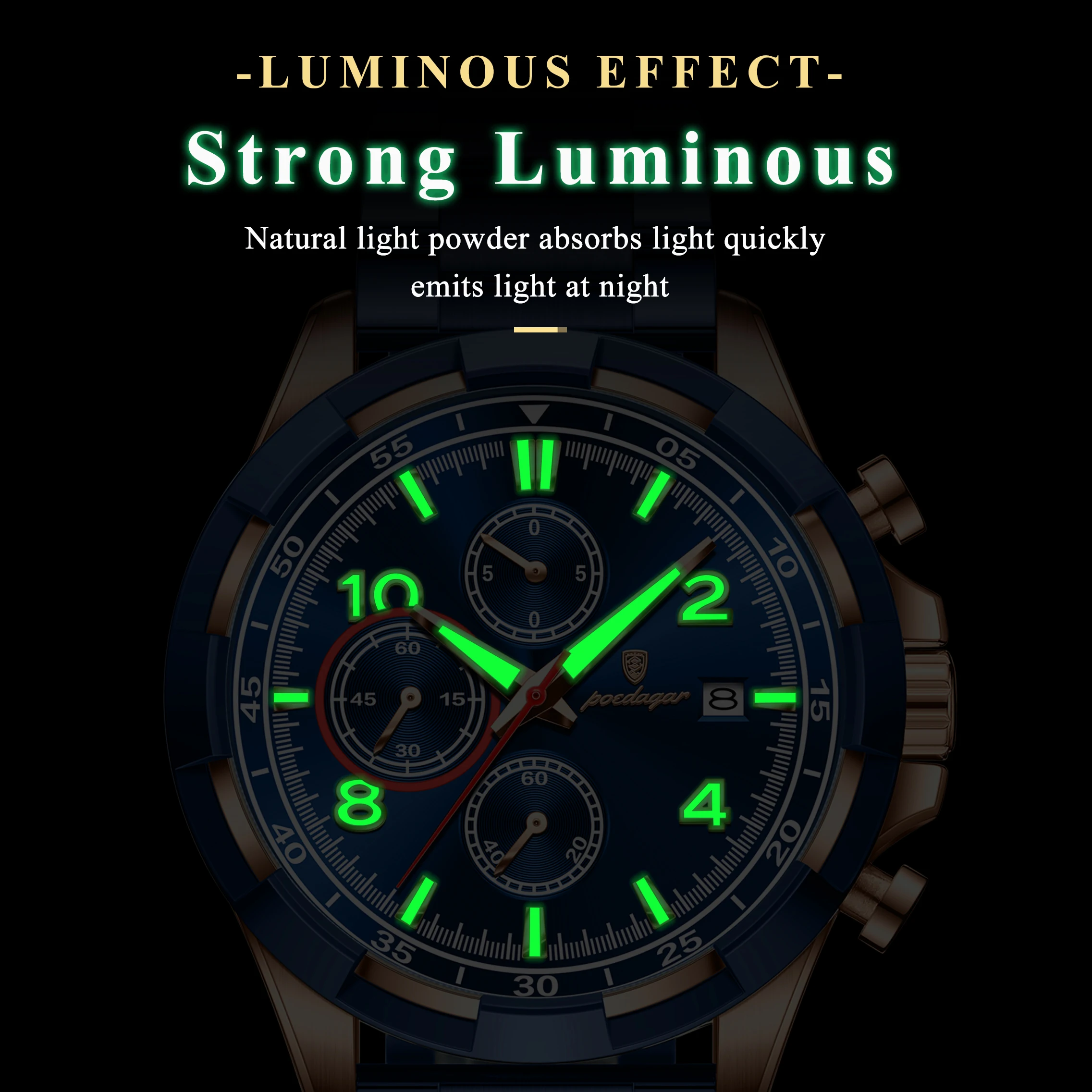 POEDAGAR العصرية ساعة رجالي مضيئة مقاوم للماء الفولاذ المقاوم للصدأ ساعة رجالية كرونوغراف تاريخ الرياضة ساعات كوارتز للرجال Reloj