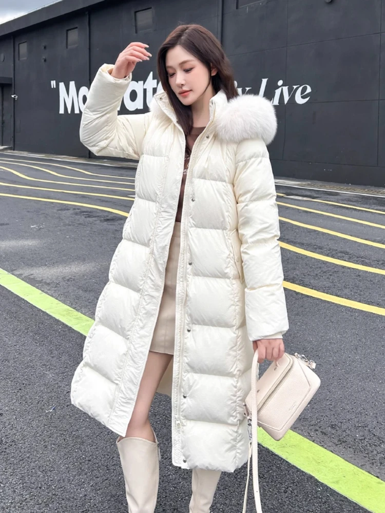 

90% белая утиная пуховая куртка, женская длинная парка с воротником из лисьего меха и капюшоном, зима 2025 г., новое элегантное свободное толстое зимнее теплое пальто, верхняя одежда
