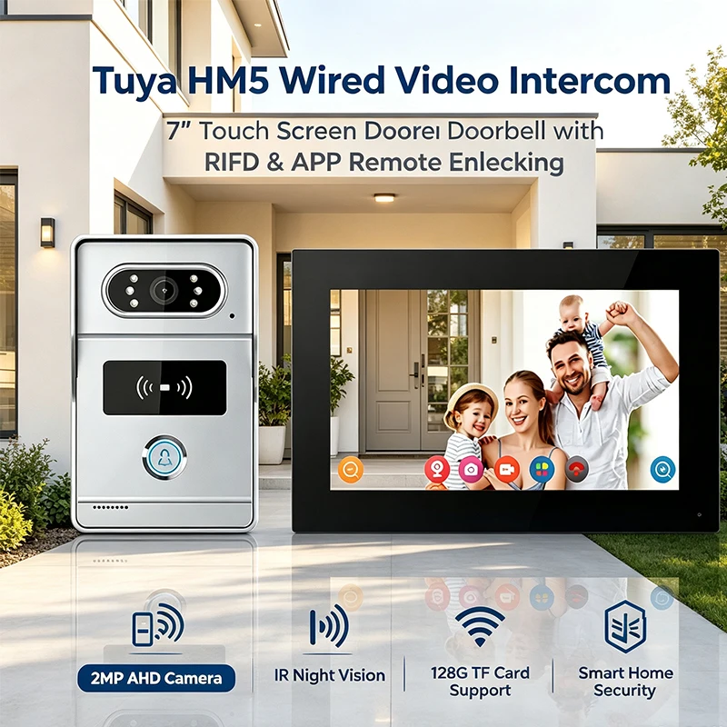 Tuya 4-Wire Villa Video Intercom 7 Inch IPS Touch Screen, 2MP 120° Night Vision Doorbell with IC & APP Unlock