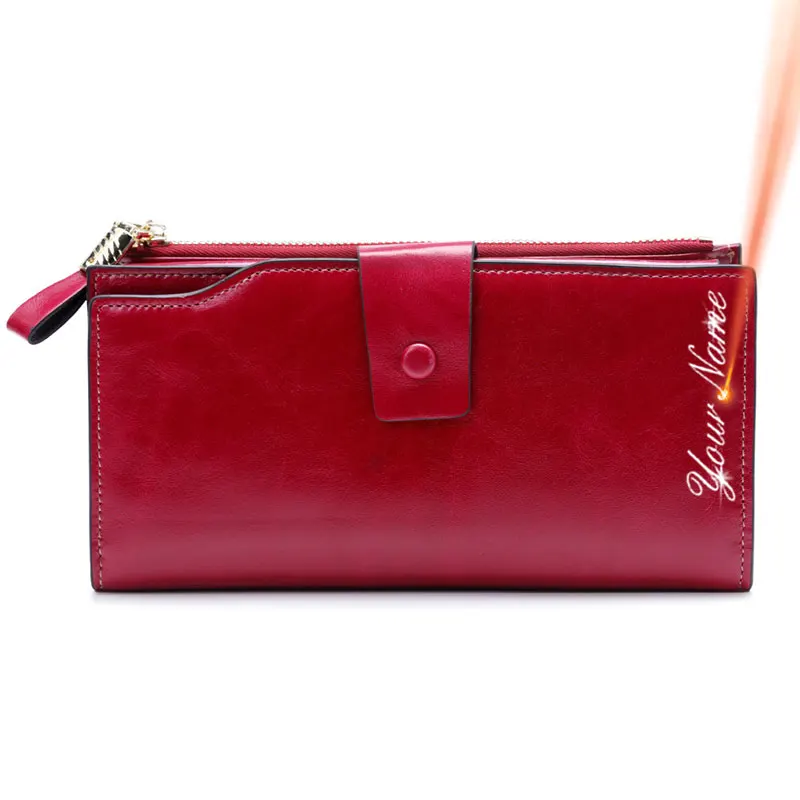 Genuine Leather RFID Long Women Wallets Name Customized Luxury Card Holder Phone Pocket Female Purse Quality Zipper Women Wallet