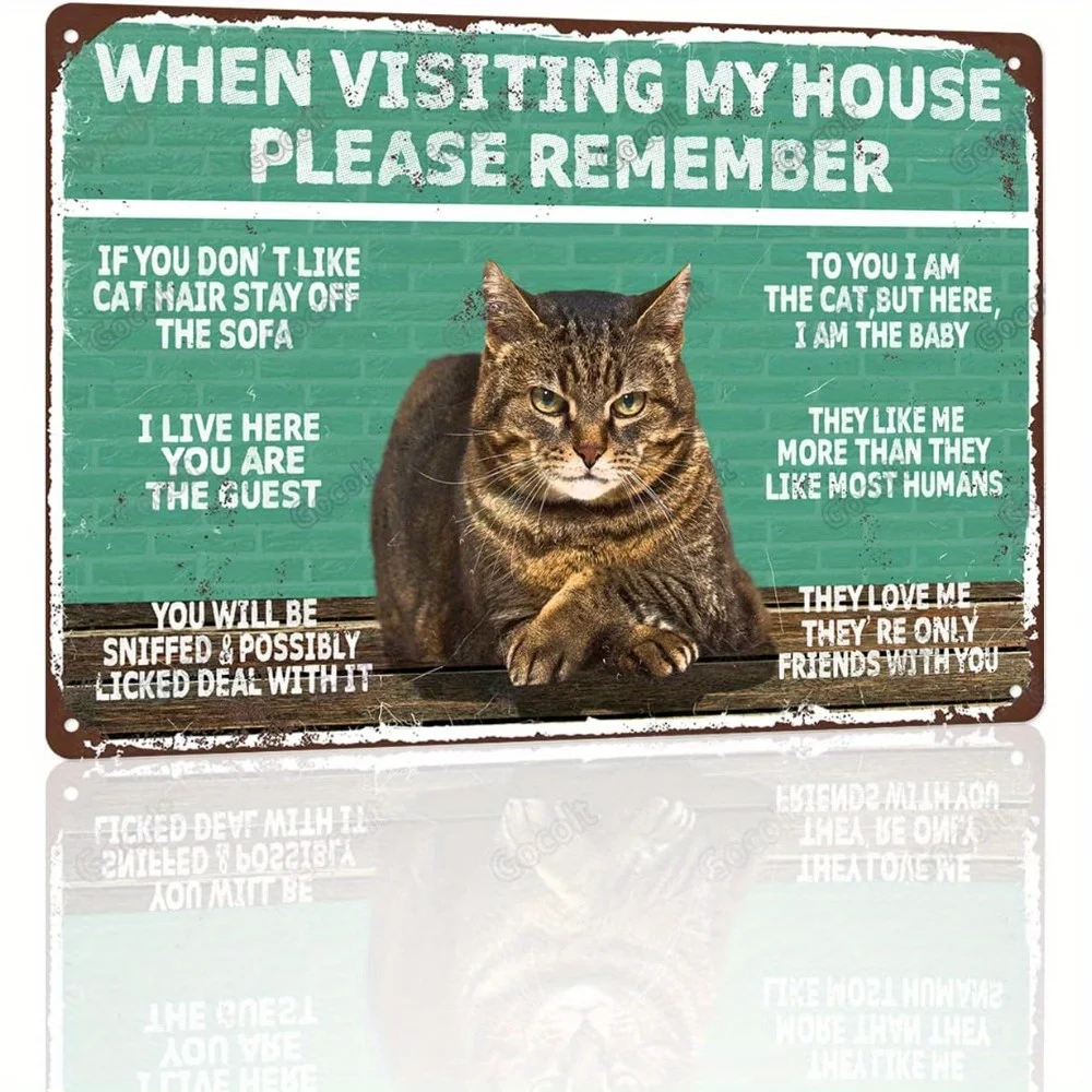 or 2pcs Funny Cat Visiting Rules Metal Wall Decor -  Housewarming Gift for Cat Lovers - Heavy-Duty Tin Plate Poster with Funny