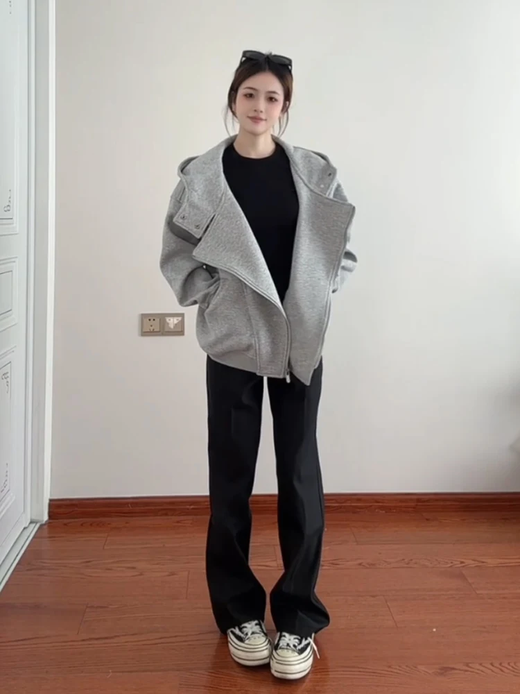 American Sle Doppel-Reißverschluss-Hoodie-Cardigan für Damen, Herbst und Winter, neue trendige High-End-Feel-Chic-Paar-Oberbekleidung