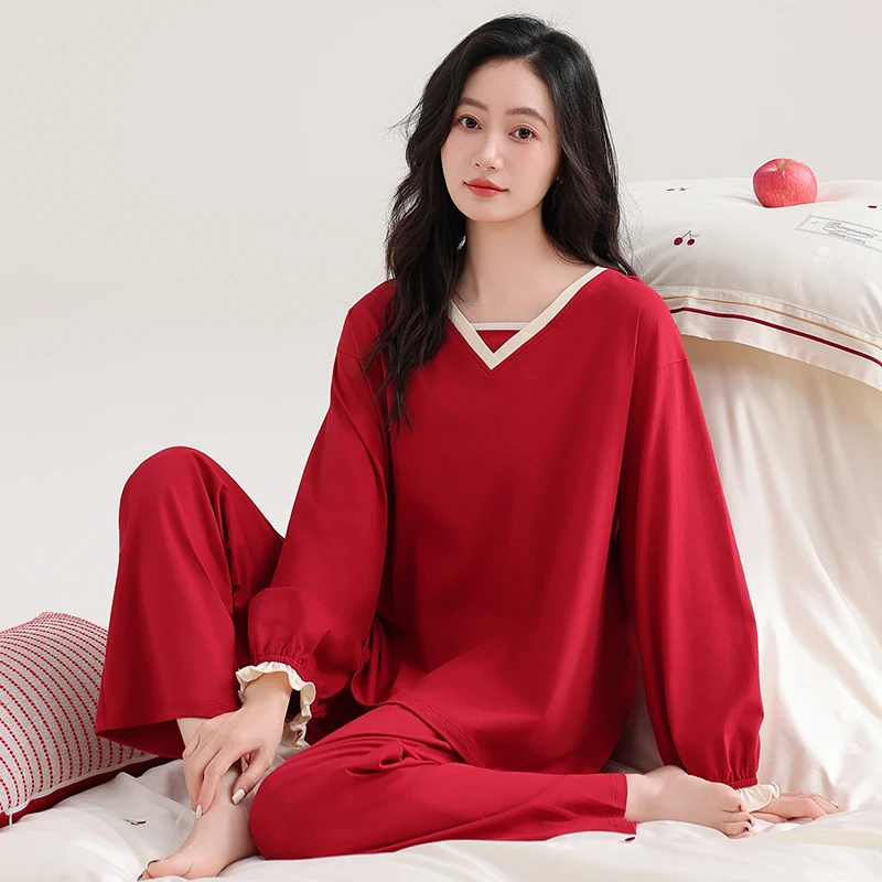 

Spring and Autumn Women Pajamas Set 100% Cotton Pyjamas Female Long Sleeve Solid Sleepwear