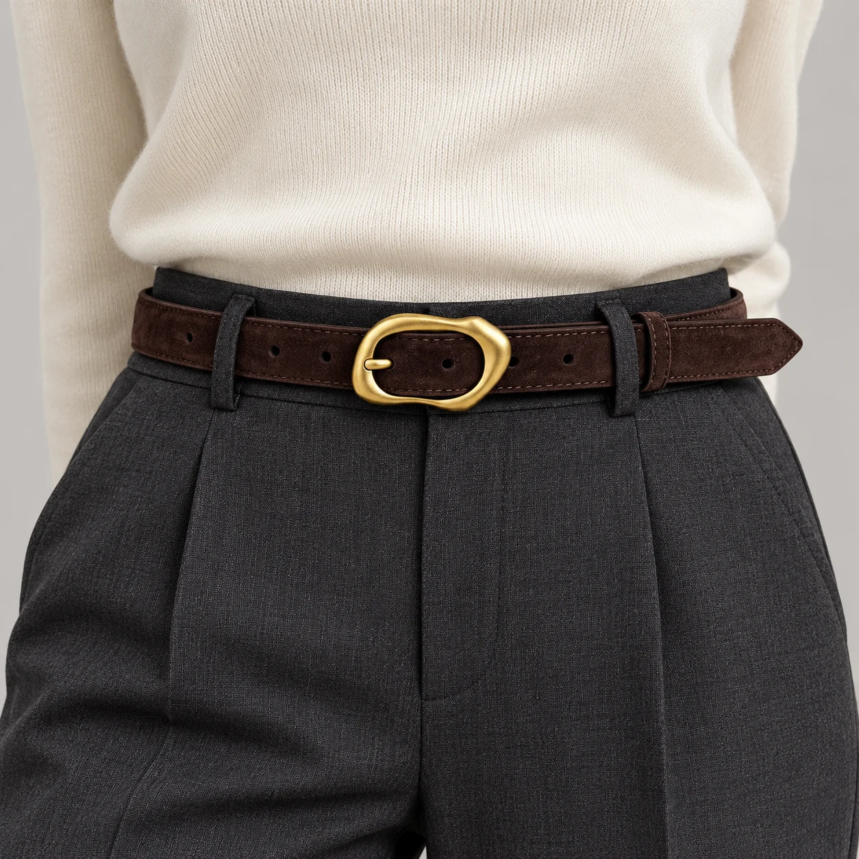 Women Split Leather Belt 2.3cm Adjustable Gold Tone Irregular Shape Pin Buckle for Business Casual Office Wear