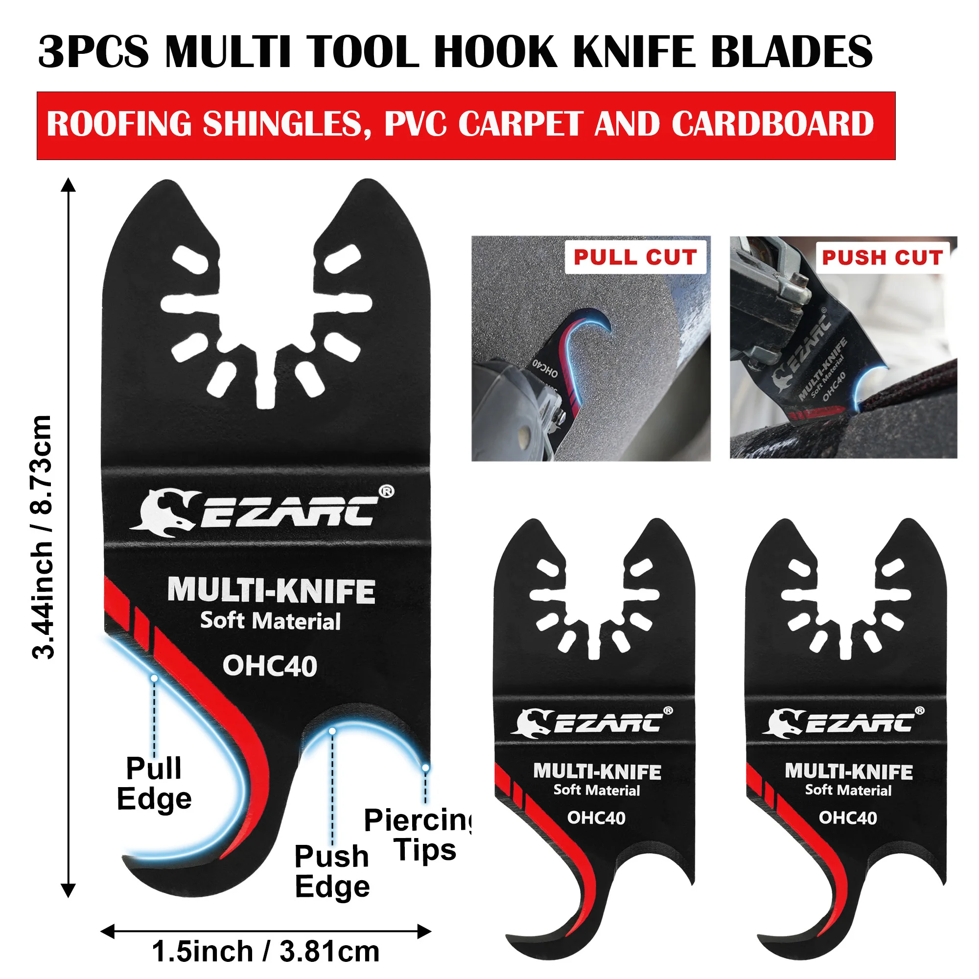EZARC 3PCS Oscillating Multi Tool Blades, Hook Knife & Saw Blades for Cutting Soft Materials, Roofing Shingles, PVC, Carpet