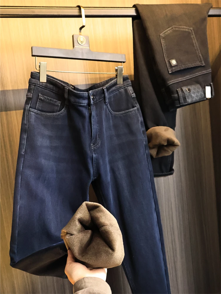 

Облегающие джинсы с 3D пошивкой и прямыми штанинами, мужские зимние хлопковые эластичные джинсы, современные джинсы со средней талией, длинные...