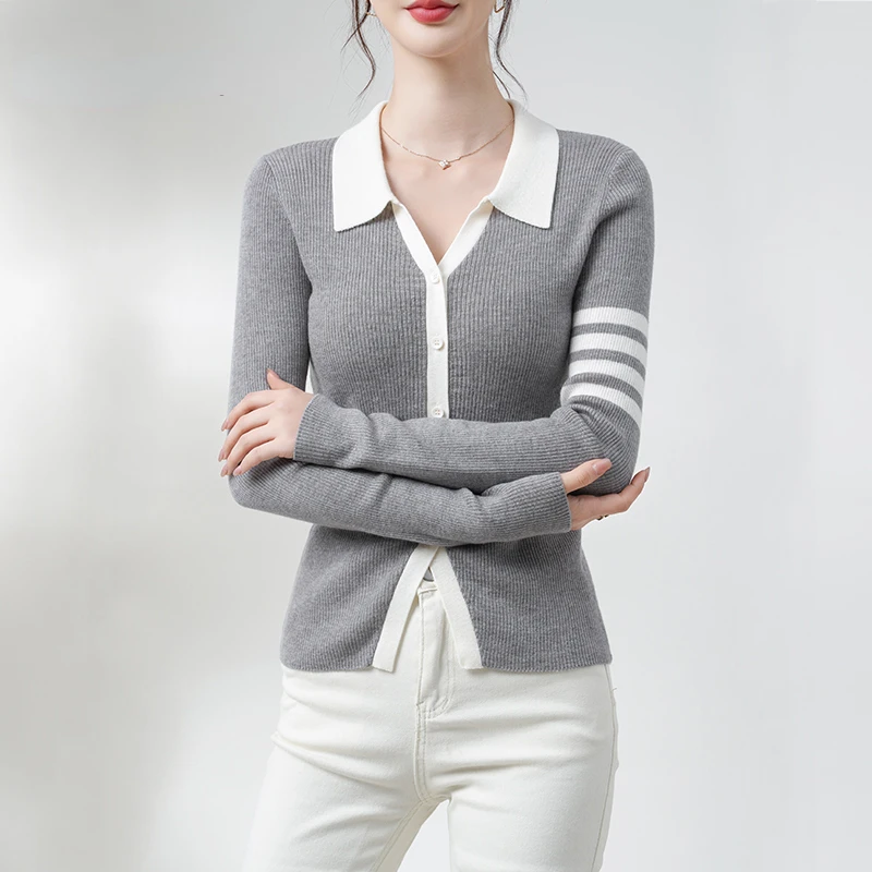 

Autumn POLO Neck Sweater Women 2024 Korea Fashion Striped Slim Knitted Jacket Girl's Casual Women's Cropped Cardigan Knitwear