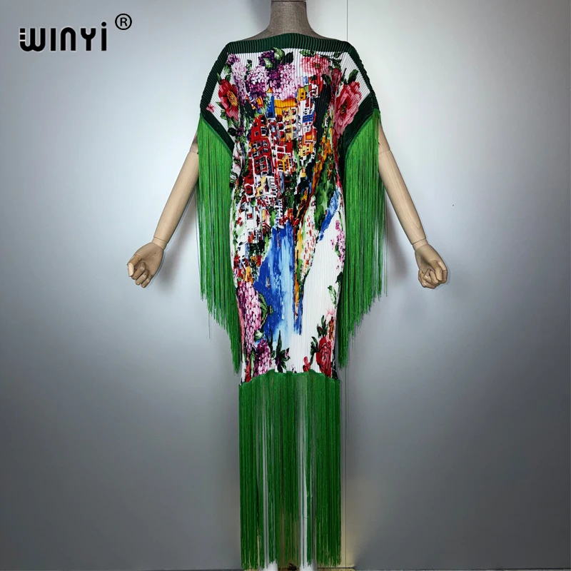 WINYI été plissé frangé maxi robe femmes froissé conception ample boho robe vacances mode robe de soirée abaya dubaï luxe