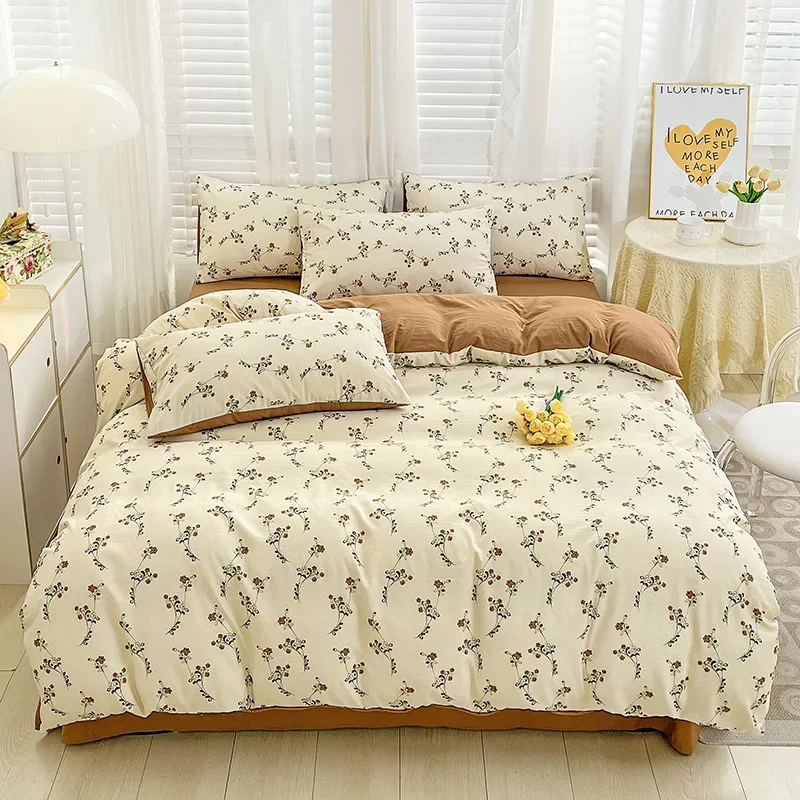 

Floral Printed Bedding Set Queen/King Size Skin-friendly Washed Cotton Bed Sheet Set For Double Bed 이불세트 Single Bedclothes