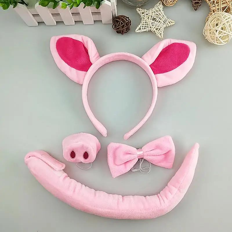 4 Pieces Pig Costume Set Pink Pig Ears Nose Tail Cosplay Costume Accessories Kids Children Birthday Party Props Costume