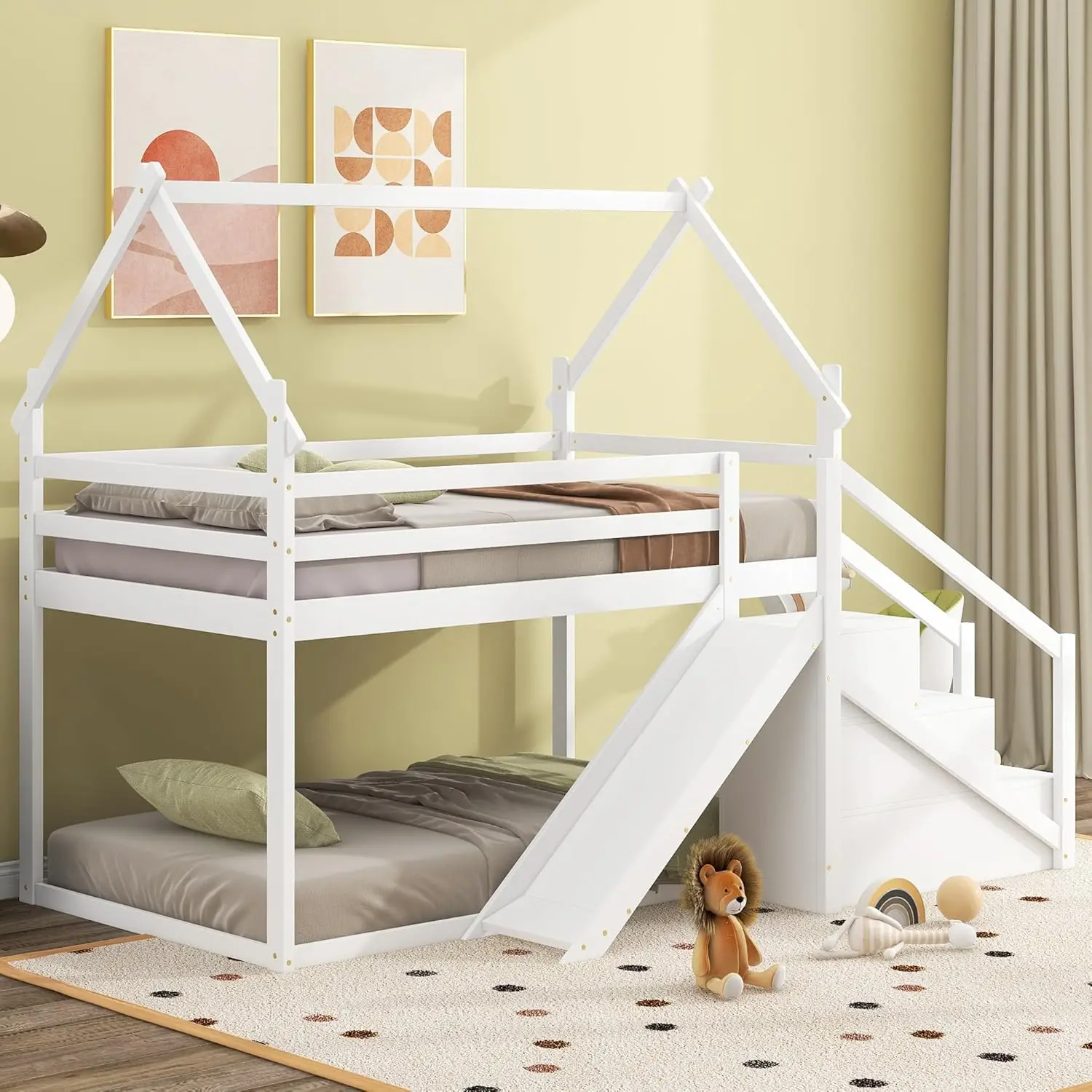 Merax House Shaped Junior Bunk Bed Frame Twin Over Twin With Slide And Storage Stairs, Wood Low Bunkbed With Full-Length