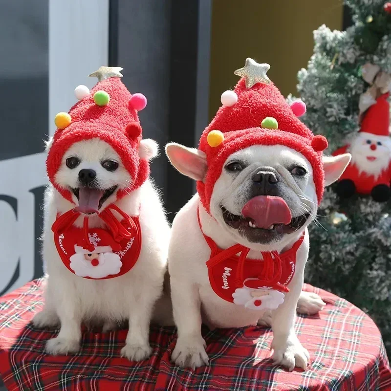 Christmas Dog Hat Puppy Dog Bib Santa Claus Elk Saliva Towel Pet Costumes Autumn and Winter Clothes Cats Hat Pet Accessories